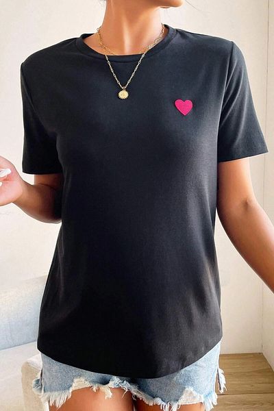 MODAGEN Women's Slimfit Cotton Red Heart Black T-Shirt