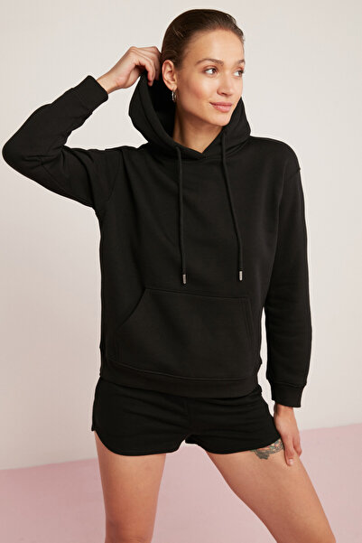 ETHIQUET Γυναικεία μαλακή μπλούζα από χοντρό ύφασμα Abelia με κουκούλα, άνετη εφαρμογή, μαύρο φούτερ με φλις μέσα