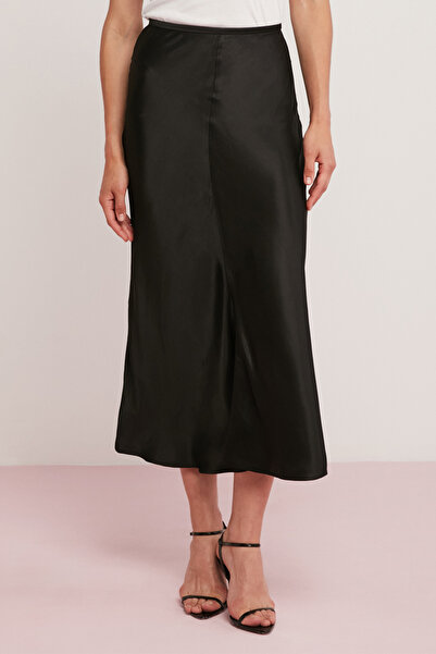 ETHIQUET Rosanne Black Midi Length Light Viscose Satin Skirt - Elastic Flush Length