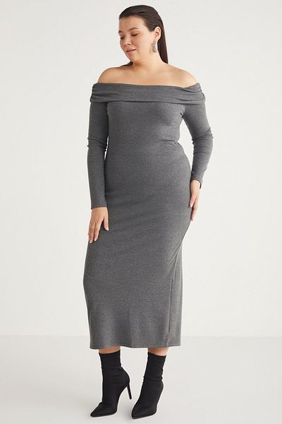 ETHIQUET Kızukıbb Women's Boat Neck Long Sleeve Knitted Maxi Length Grimelange Large Size Dress