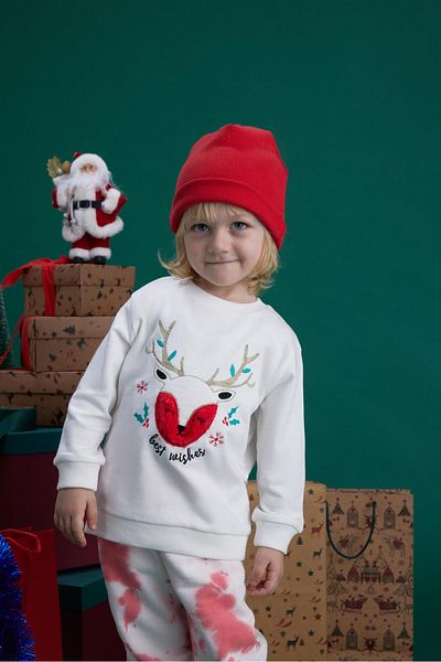 LUESS Unisex Children's New Year Themed Sweatshirt with Deer Embroidery Detail