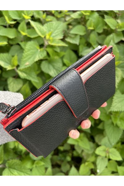 SANLINE Black/Red Genuine Leather Wallet with Phone Compartment for Women - Hand Portfolio