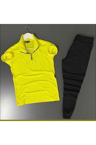 ANSECO STUDİO YELLOW JERSEY TSHIRT STYLE COLLAR HALF ZIPPERED TSHIRT + BLACK SUMMER Tracksuit