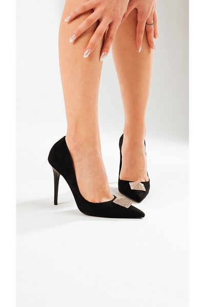 AYAKKABI PRENSİ Black Suede Stiletto with Stone Accessory Detail
