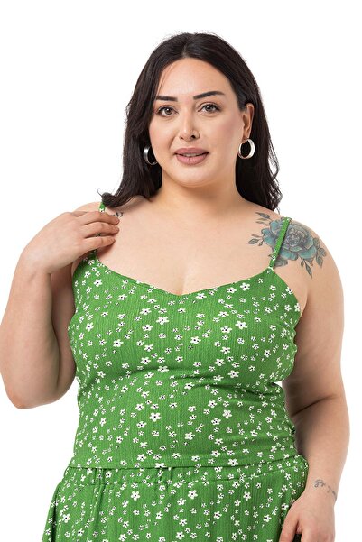 DISENTIS MODEST Plus Size Adjustable Thin Strap Blouse Skirt Green Double Set