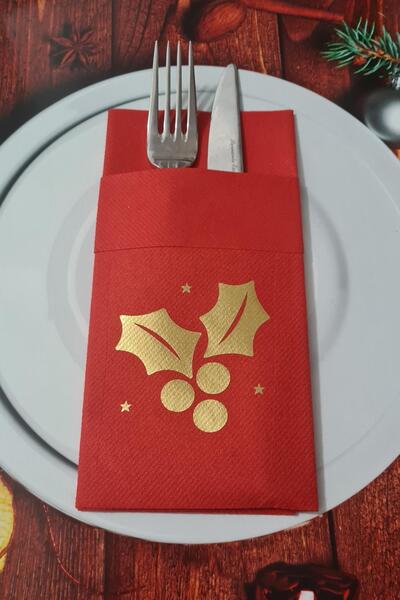 PEKSHOP منديل أحمر من القماش مصنوع من رقائق الذهب وزهرة كوكينا طاولة رأس السنة - منديل رأس السنة