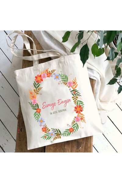 PEKSHOP İsme Özel Baskılı Öğretmenler Günü Çiçek Desenli Omuz Çantası Bez Çanta