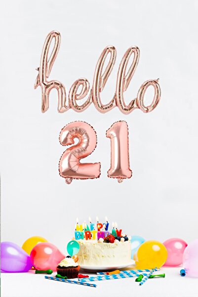 PEKSHOP 21 Yaş Doğum Günü Balonları - Hello 21 El Yazısı Rose Gold Renk Folyo...