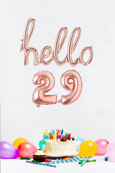 PEKSHOP 29 Yaş Doğum Günü Balonları - Hello 29 El Yazısı Rose Gold Renk Folyo...