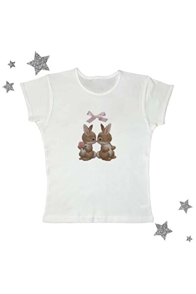 Toum dompuleri fashion Cute Rabbit Printed Crop Μπλούζα