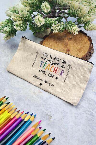 PEKSHOP Öğretmenler Günü Hediyesi Fermuarlı Bez Kalemlik Çanta İsme Özel