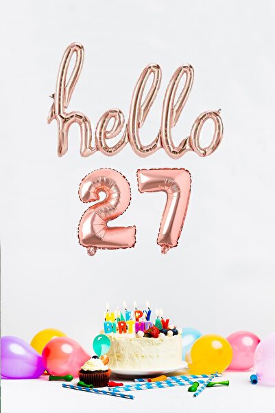 PEKSHOP 27 Yaş Doğum Günü Balonları - Hello 27 El Yazısı Rose Gold Renk Folyo...