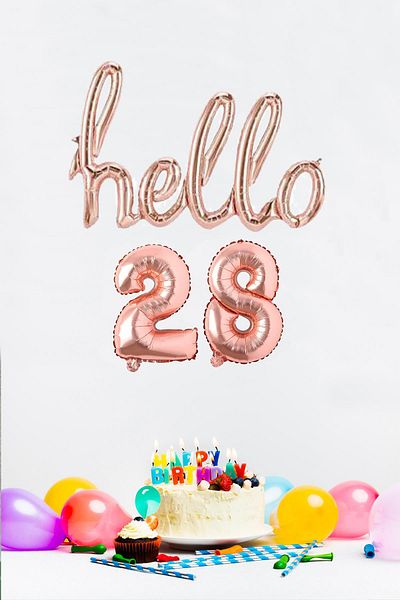 PEKSHOP 28 Years Birthday Balloons - Hello 28 Handwritten Rose Gold Color Foil Balloon
