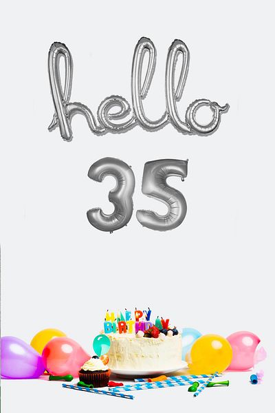 PEKSHOP 35 Years Birthday Balloons - Hello 35 Handwritten Silver Color Foil Balloon