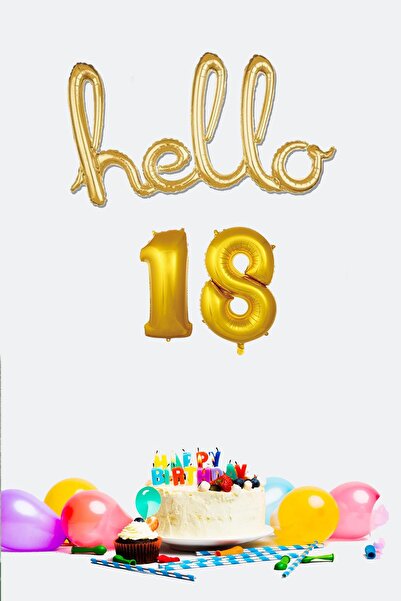 PEKSHOP 18 Yaş Doğum Günü Balonları - Hello 18 El Yazısı Gold Renk Folyo Balon