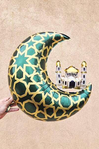 PEKSHOP Cami Figürlü Ay Balon Yeşil - Ramazan Süsleri Ay Şekilli Camili Folyo...