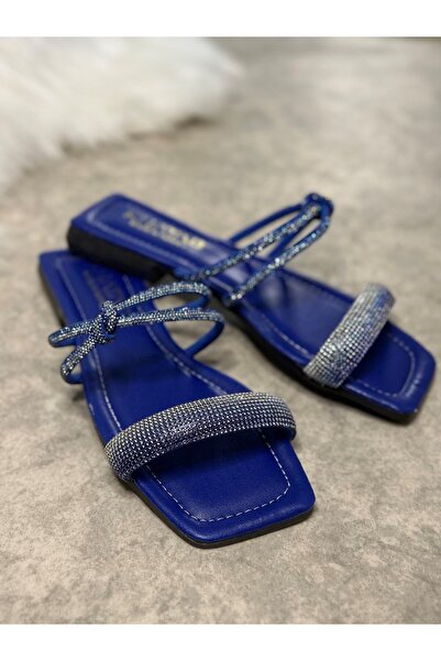 İmerShoes Papuci albaștri de zi cu zi pentru femei cu o singură curea și toc mic, vârf tocit, talpă confortabilă, ușoară 09