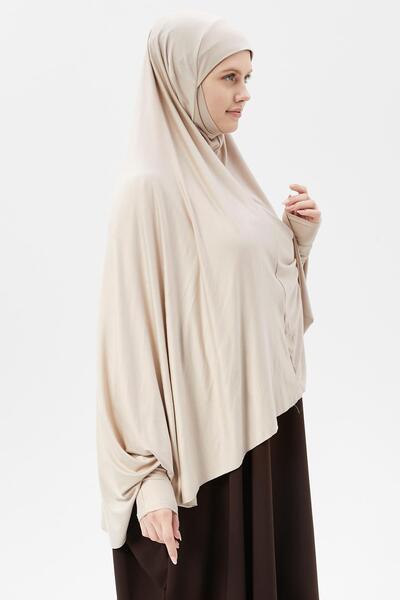 Altobeh Kollu Sufle Çarşaf Üstü Peçeli Pratik Tesettür Hijab - Nikaplı Namaz Örtüsü Koyu Krem