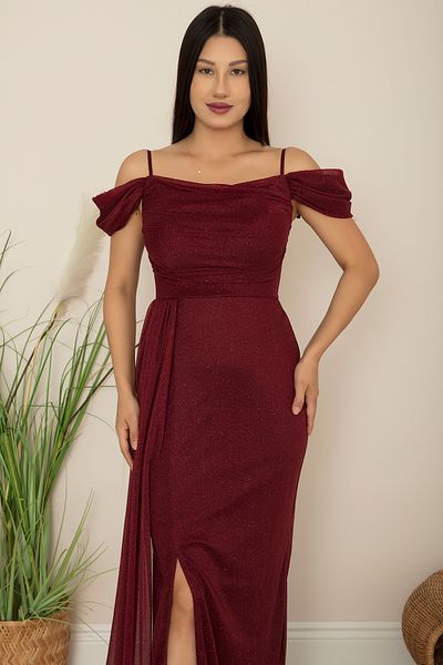 PULLIMM Low Sleeve Long Glitter Tulle Evening Dress 39433