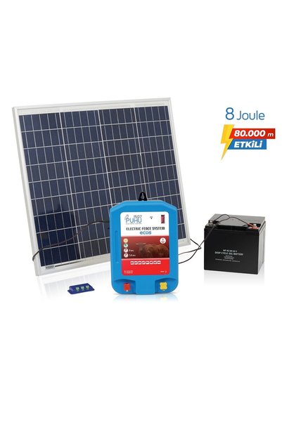 Puhu1507 Ecos Eko Güneş Enerjili elektrikli Çit Cihazı (8 Joule) (60w Panel+12v/42ah Jel Akü)