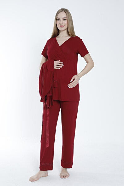 Miss Dünya Lissa Maternity and Maternity Pajamas Set with Lace Detail and Dressing Gown