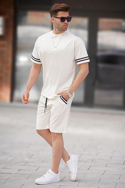 Madmext Ecrufarbenes Shorts-Set mit Rundhalsausschnitt für Herren 5951