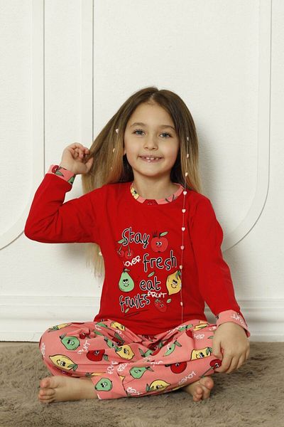 MEBA Girl Waiter Boy Red Cherry Pattern Interlock Combed Cotton Pajama Set