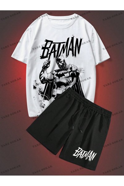 Tarzsokak Batman X ROMWE Erkek Karikatür Baskılı Yuvarlak Yaka T-Shirt Ve Şor...