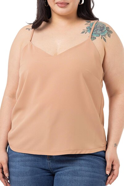 DISENTIS MODEST Plus Size Adjustable Thin Strap V-Neck Mink Blouse