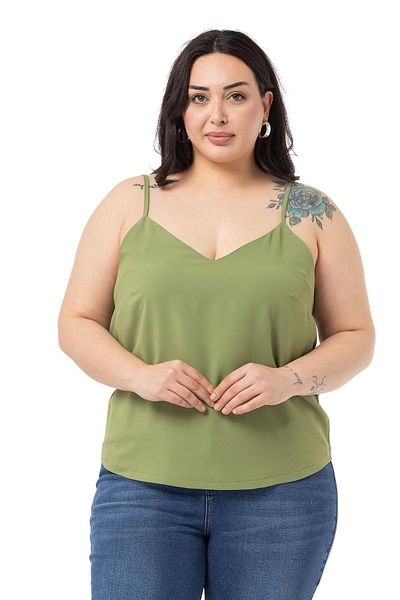 DISENTIS MODEST Plus Size Adjustable Thin Strap V-Neck Pistachio Green Blouse