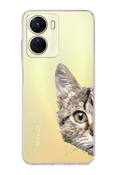 PrintiFy Vivo Y16 Uyumlu Kamera Korumalı Catface Tasarımlı Şeffaf Silikon Kılıf