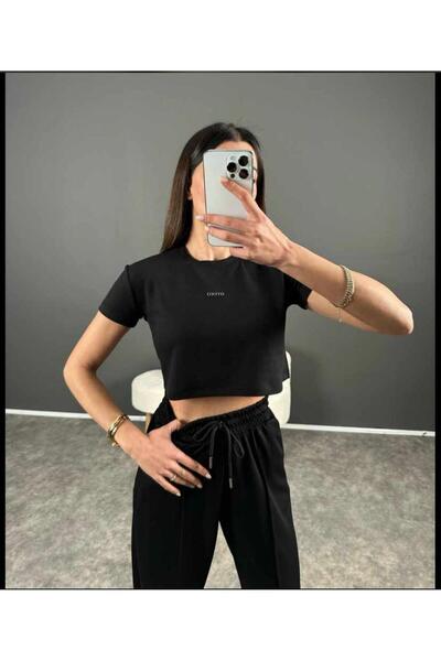 EGN Fashion Kadın Siyah Modal Sıfır Yaka Kısa Kol Crop 3525