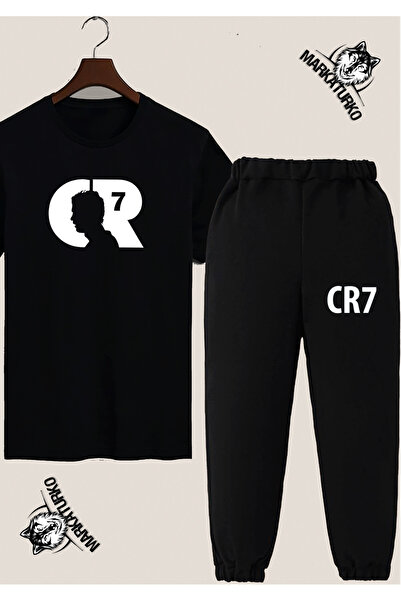 MarkaTurko تي شيرت أسود مطبوع للأطفال من RONALDO ومجموعة رياضية - تصميم مخصص