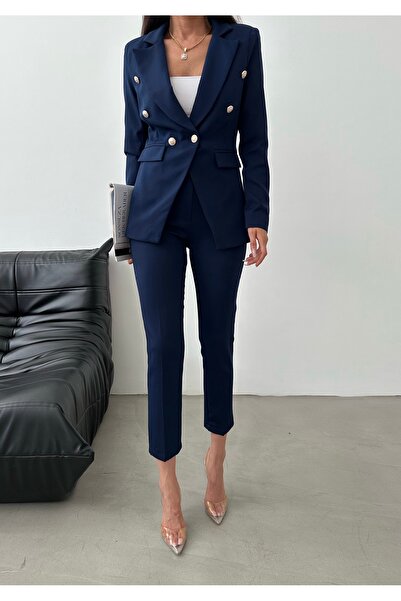 Female Clothing Lacivert Düğmeli Blazer Ceket Kemerli Cepli Esnek Pantolon As...