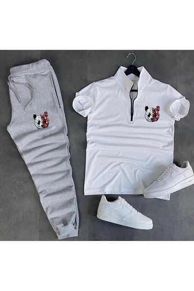ANSECO STUDİO White Jersey Fabric Half Zipper T-shirt Gray Summer Sweatpants Dollar Printed