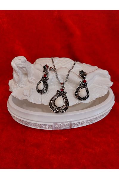 Burhan Yücel Lületaşı Tulipstone marcasite big Tulip necklace earrings set