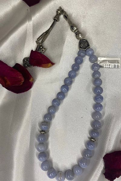 RaHan Tasbih is Chalcedony Natural Stone Silver Solar Neural Net and Stem Chakra Stone