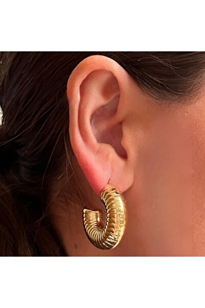 TuQos Gold Colored Curved Serrated Women's Steel Earrings - Pack of 2