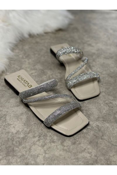 İmerShoes Daily Women's Beige Slippers Thick Banded Stone Detailed Low Heel Blunt Toe Comfortable Sole Light 07