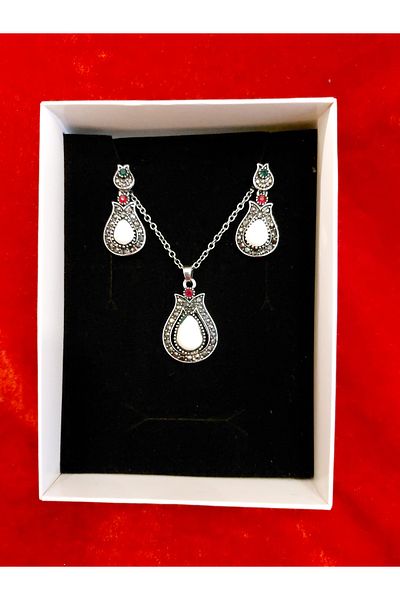 Burhan Yücel Lületaşı Tulipstone marcasite big Tulip necklace earrings set