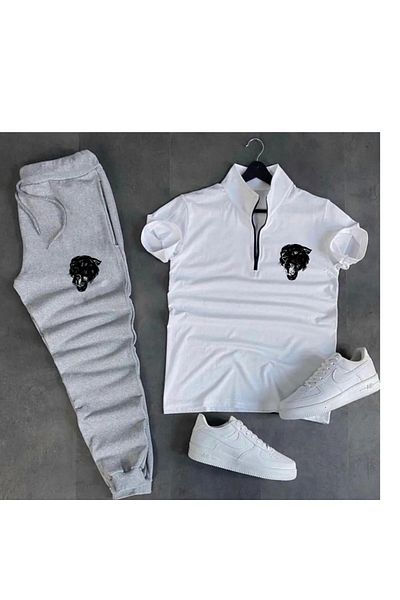 ANSECO STUDİO White Jersey Fabric Half Zipper T-shirt Gray Summer Sweatpants Dollar Printed