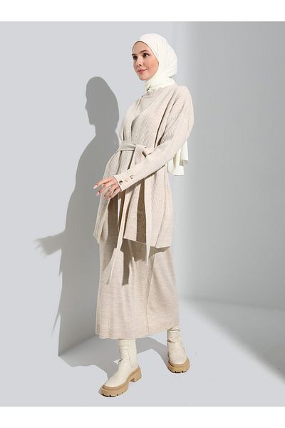 Refka Dress and Cardigan Belted Knitwear Set - Light Stone - Refka