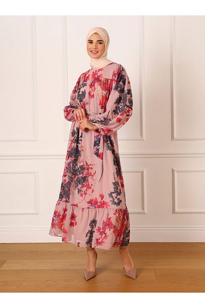 Refka Fully Lined Balloon Sleeve Chiffon Hijab Dress - Rose - Refka