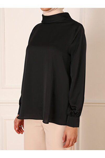 Refka Balloon Sleeve Satin Blouse with Cuffs - Black - Refka