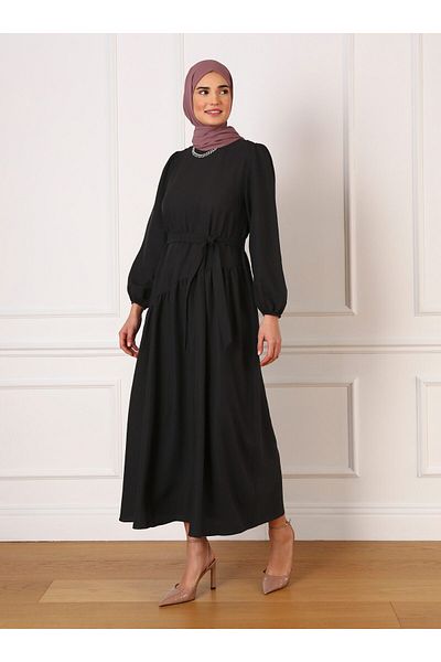 Refka Aerobin Asymmetric Cut Belted Hijab Dress - Black - Refka