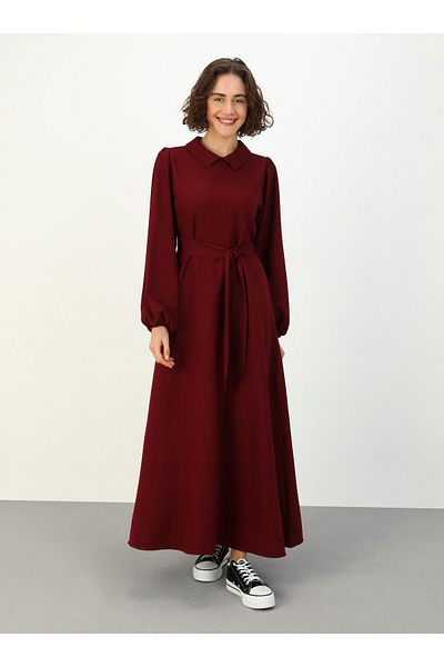Benin Aerobin Shirt Collar Belted Hijab Dress - Claret Red - Benin