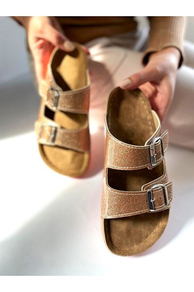İLOLİCA Double Banded Buckle Orthopedic Anatomical Sole Side Stitched Women's Slippers