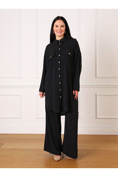 ALİA Large Size Pocket Detailed Buttoned Tunic & Trousers Double Aerobin Set - Black - Alia