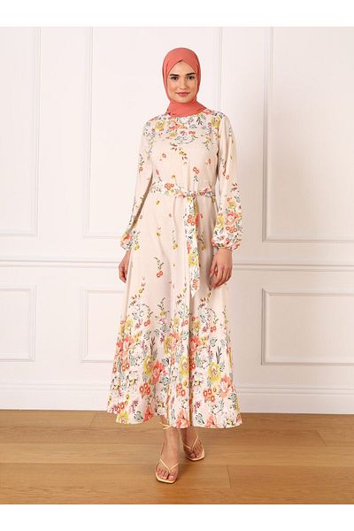 Refka Floral Patterned Balloon Sleeve Hijab Dress - Orange - Refka