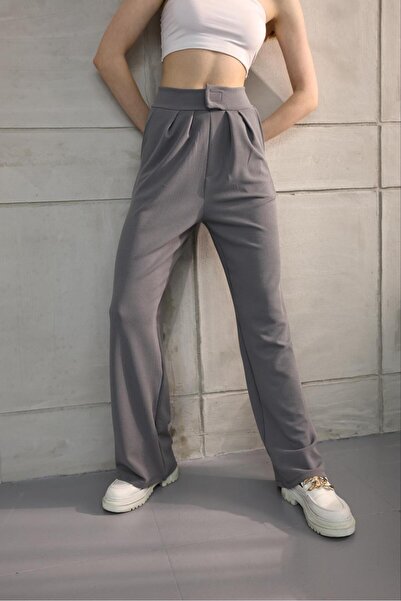 ALLEYTA بنطلون بالازو بجيب وخياطة كوليت وخصر فيلكرو